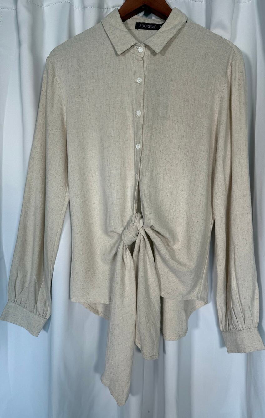 Adore Me Linen Blend Tie Front Button Up Blouse Oat Beige NWT Small Coastal Boho
